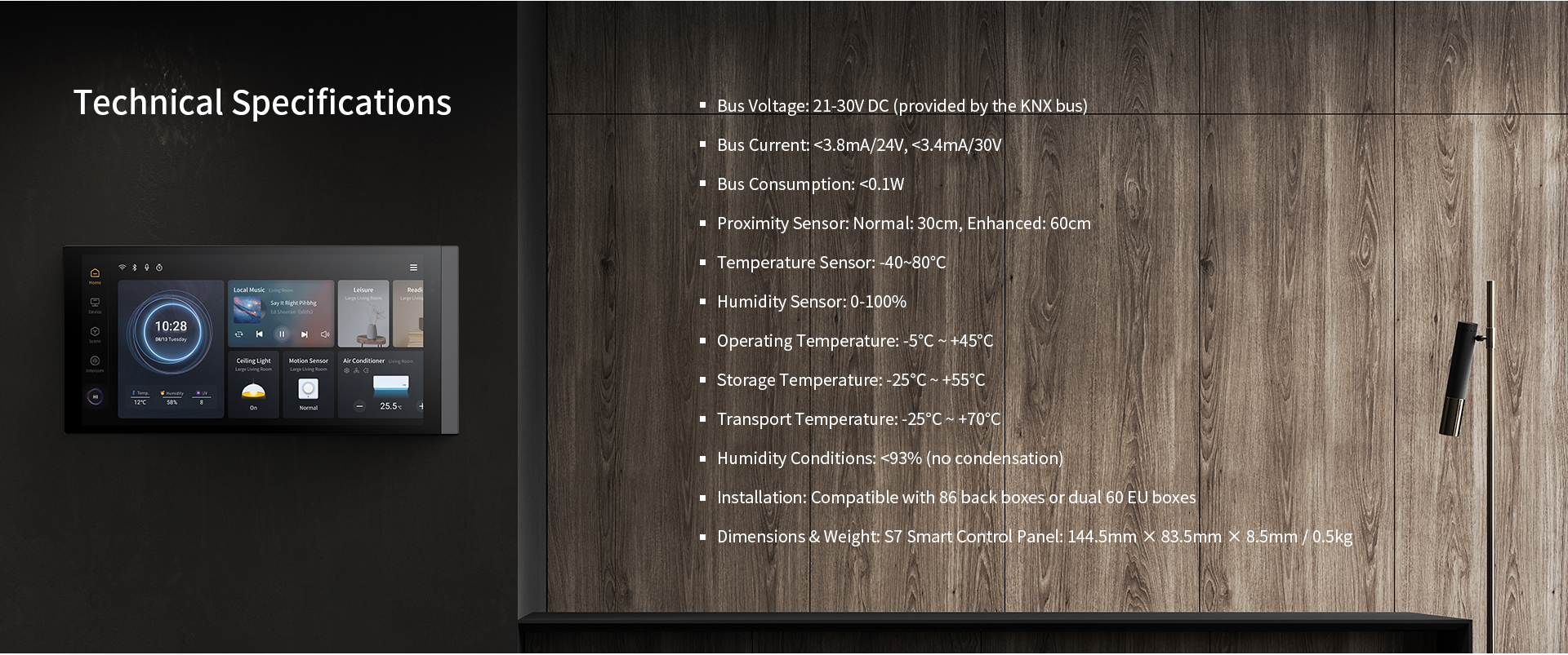 Technical specifications of the 6.9-inch smart touch control panel, including bus voltage, connectivity, and installation details